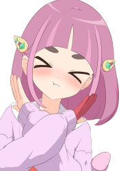 &gt;_&lt; 1girl :t absurdres arched_bangs blush cardigan closed_eyes closed_mouth commentary_request creatures_(company) facing_viewer game_freak gloves hair_ornament hairclip highres lacey_(pokemon) medium_hair nintendo partially_fingerless_gloves pokemon pokemon_sv pout purple_hair red_gloves shirt simple_background single_glove solo sudakino upper_body white_background white_shirt x_arms