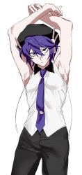 1girl aa_kabeuchi absurdres armpits arms_up bags_under_eyes bare_arms beret black_pants breasts closed_mouth collared_shirt cowboy_shot crossed_wrists expressionless hair_between_eyes hat highres looking_at_viewer necktie no_detached_sleeves pants purple_eyes purple_hair purple_necktie robot_ears sanpaku shirt short_hair simple_background small_breasts solo standing utane_uta utau