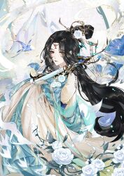 1girl absurdres aqua_hanfu aqua_robe bird black_hair branch chinese_clothes closed_mouth curtained_hair eyes_visible_through_hair facial_mark floral_print flower flute forehead_mark from_side hair_flower hair_ornament hair_stick hanfu head_chain highres holding holding_flute holding_instrument hua_yi_shanxin_zhiyue instrument jewelry leaf long_hair looking_at_viewer looking_to_the_side luludeer386 mountain peony_(flower) plant pointy_ears red_lips robe seigaiha sidelocks_tied_back sleeves_past_fingers sleeves_past_wrists solo swallow_(bird) topknot upper_body vines wei_yang white_flower white_hanfu white_robe yellow_eyes