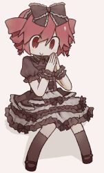 1girl black_bow black_shoes black_socks bow bow_hairband collar collared_dress commentary dress dress_bow drill_hair english_commentary flats frilled_bow frilled_collar frilled_dress frilled_sleeves frills gothic_lolita hairband highres kasane_teto kneehighs lolita_fashion looking_at_viewer mary_janes meltypen multicolored_dress puffy_short_sleeves puffy_sleeves red_hair shoes short_sleeves simple_background sitting smile socks solo striped_bow twin_drills two-tone_dress utau white_background wrist_cuffs