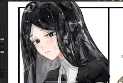 1other art_program_in_frame black_eyes black_hair black_jacket bort eyelashes gem_uniform_(houseki_no_kuni) highres houseki_no_kuni jacket kashiba_(iiiiii_kasba) long_hair looking_at_viewer other_focus puffy_short_sleeves puffy_sleeves short_sleeves upper_body