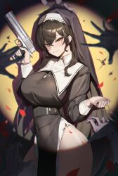 1girl absurdres ass belt black_dress black_veil blush breasts brown_hair capelet covered_navel cross cross_hair_ornament cross_necklace dress finger_on_trigger gun hair_ornament highres holding holding_gun holding_weapon jewelry juliet_sleeves large_breasts long_sleeves looking_at_viewer medium_hair mole mole_under_eye necklace nun orange_eyes original pelvic_curtain puffy_sleeves sibo smile solo surrounded_by_hands thighhighs thighs veil weapon white_capelet white_thighhighs