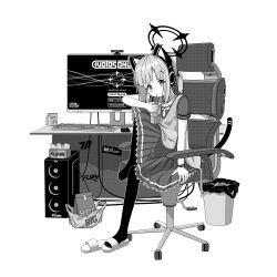 1girl absurdres animal_ear_headphones animal_ears animal_print bag blue_archive blush cat_ear_headphones chair chinese_commentary collared_shirt commentary_request computer computer_keyboard cup drinking_straw drinking_straw_in_mouth dsfr fake_animal_ears fake_tail flip-flops full_body game_development_department_(blue_archive) gaming_chair greyscale halo headphones highres holding leg_up looking_at_viewer low-tied_sidelocks momoi_(blue_archive) monitor monochrome pantyhose paper_bag paw_print plastic_bag pleated_skirt sandals shirt short_hair short_sleeves sidelocks sitting skirt smartwatch soda solo sweater_vest swivel_chair tail tissue_box trash_can watch webcam white_background wristwatch