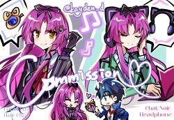 1boy 1girl 25ocoveryui absurdres animal_ear_headphones animal_ears aramis_high_school_uniform black_gloves black_jacket black_ribbon blue_coat blue_eyes blue_hair cat_ear_headphones coat commission commissioner_name dog_tags eiyuu_densetsu fake_animal_ears gift gloves green_jacket hair_ornament hair_ribbon headphones highres jacket kuro_no_kiseki kuro_no_kiseki_(series) kuro_no_kiseki_i kuro_no_kiseki_ii long_hair open_clothes open_coat purple_hair renne_(eiyuu_densetsu) ribbon school_uniform smile van_arkride yellow_eyes