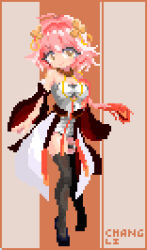 1girl black_thighhighs breasts changli_(wuthering_waves) dress full_body galibang highres large_breasts looking_at_viewer pink_hair pixel_art short_hair smile solo standing thighhighs wuthering_waves yellow_eyes