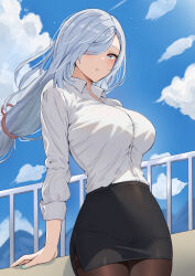 1girl against_railing alternate_color black_skirt blue_eyes blue_sky breasts brown_pantyhose collared_shirt commentary_request contemporary cowboy_shot dress_shirt genshin_impact grey_hair hair_over_one_eye highres kakabos large_breasts long_hair looking_at_viewer low-tied_long_hair office_lady outdoors pantyhose parted_lips pencil_skirt railing shenhe_(genshin_impact) shirt shirt_tucked_in skirt sky solo white_shirt