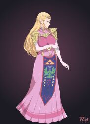 1girl arm_at_side armor black_background blonde_hair breast_hold breasts circlet clenched_hand closed_mouth dress earrings elbow_gloves elf expressionless full_body gloves half-closed_eyes half_updo highres jewelry large_breasts lipstick long_dress long_hair looking_to_the_side makeup neck nintendo pink_dress pink_lips pointy_ears princess_zelda r3dfive shoulder_armor standing straight_hair super_smash_bros. the_legend_of_zelda the_legend_of_zelda:_ocarina_of_time tiara triforce triforce_print white_gloves
