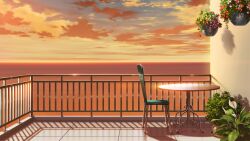 balcony bistro_table chair cloud cloudy_sky drop_shadow gradient_sky hanging_plant highres horizon no_humans non-web_source ocean official_art orange_light our_life:_beginnings_and_always outdoors plant potted_plant railing reflective_floor scenery sky sunset warm_colored