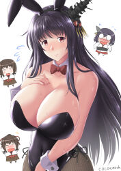 4girls animal_ear_hairband animal_ears bare_shoulders black_hair black_leotard black_pantyhose blush bow bowtie breasts breasts_day brown_eyes brown_hair brown_hakama cocoa_(cocoa0191) covered_navel detached_collar detached_sleeves embarrassed fake_animal_ears fishnet_pantyhose fishnets fusou_(kancolle) hair_ornament hair_ribbon hairband hakama headgear highleg highleg_leotard hyuuga_(kancolle) ise_(kancolle) japanese_clothes kantai_collection large_breasts leotard long_hair mini_person multiple_girls nontraditional_miko pantyhose playboy_bunny ponytail rabbit_ear_hairband rabbit_ears red_eyes ribbon short_hair smile strapless strapless_leotard traditional_bowtie white_background white_wrist_cuffs wrist_cuffs