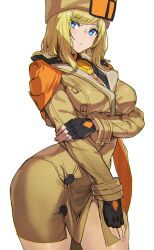 1girl ashiomi_masato black_gloves blonde_hair blue_eyes breasts chromatic_aberration collared_shirt curvy dress fingerless_gloves fur_hat gloves guilty_gear guilty_gear_strive hat highres holding_own_arm large_breasts looking_to_the_side millia_rage no_legwear shirt solo standing thighs white_background yellow_dress yellow_hat