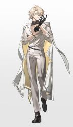 1boy adjusting_clothes adjusting_gloves alternate_form antenna_hair black_choker black_gloves black_shoes blonde_hair choker coat coat_on_shoulders collared_shirt earclip full_body gloves half_gloves hashtag-only_commentary highres honkai:_star_rail honkai_(series) male_focus miemiebei official_alternate_costume pants parted_bangs parted_lips pectoral_cleavage pectorals phainon_(fashion)_(honkai:_star_rail) phainon_(honkai:_star_rail) ponytail shirt shoes short_hair simple_background solo white_background white_coat white_pants white_shirt yellow_eyes