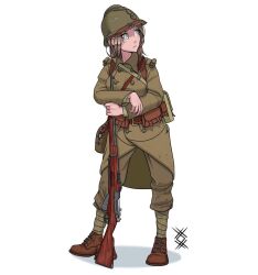 1girl adrian_helmet ammunition_pouch berthier_rifle combat_helmet france french_army green_eyes helmet history leg_wrap military original ostwindprojekt pouch puttee soldier world_war_ii