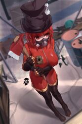 1girl absurdres axe black_gloves blurry blurry_background bob_cut bodysuit boots bottle breasts closed_mouth commission full_body genderswap genderswap_(otf) gloves gun handgun highres holding holding_axe holding_weapon large_breasts latex latex_bodysuit latex_boots mask medal pyro_(tf2) red_bodysuit red_eyes red_hair red_pyro_(tf2) respirator shadow short_hair solo standing team_fortress_2 thigh_boots weapon xize9247 zipper