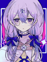 1girl arcaea bare_shoulders bow braid collar dress efr0 hair_between_eyes hair_ornament highres jacket lagrange_(arcaea) long_hair monocle portrait purple_bow purple_eyes purple_hair sidelocks single_braid solo twintails yellow_dress