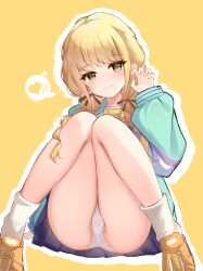 Rule 34 | 1girl, absurdres, ass, black skirt, blonde hair, blush, brown eyes, canian, closed mouth, fujita kotone, gakuen idolmaster, heart, highres, idolmaster, knees up, long hair, long sleeves, low twintails, panties, pantyshot, pleated skirt, shirt, shoes, sitting, skirt, smile, socks, solo, spoken heart, twintails, underwear, white panties
