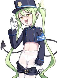1girl arm_up blue_archive female_focus gloves grey_hair hat jua long_hair navel nozomi_(blue_archive) open_mouth panties shorts shorts_around_leg simple_background solo tail thighhighs tongue tongue_out underwear white_background white_panties white_thighhighs yellow_eyes