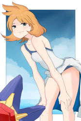 bare_shoulders blue_eyes blue_sky brown_hair gen_1_pokemon highres looking_at_viewer misty_(pokemon) nintendo one-piece_swimsuit pokemon pokemon_(creature) short_hair sky starmie swimsuit thighs