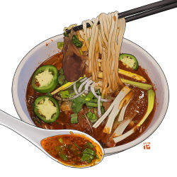 bowl chili_pepper chopsticks commentary english_commentary food food_focus jalapeno_pepper no_humans noodles original realistic simple_background soup spoon spring_onion still_life studiolg symbol-only_commentary vegetable white_background