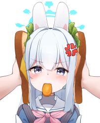 1girl 1other absurdres angry animal_ears blue_archive blue_halo blue_serafuku blush commentary english_commentary food halo headgear highres idiot_sandwich_(meme) long_hair looking_at_viewer meme miyako_(blue_archive) purple_eyes sandwich school_uniform serafuku sidelocks tisofofo white_background white_hair