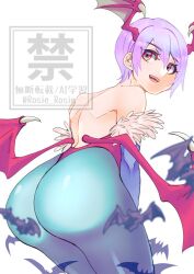 1girl ass ass_focus bare_shoulders blush bridal_gauntlets capcom darkstalkers demon_girl from_behind head_wings huge_ass leaning leaning_forward leotard lilith_(darkstalkers) open_mouth pantyhose purple_hair red_eyes rosie_rosie short_hair smile solo thong_leotard wings