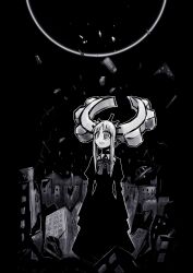 1girl absorbing absurdres building destruction deus_ex_maki-chan dress floating floating_object greyscale highres horns looking_to_the_side mechanical_horns monochrome nazo_no_diaboro open_mouth orb original ringed_eyes smile solo wide-eyed