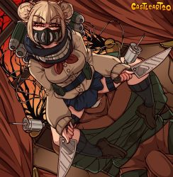1boy 1girl artist_name blonde_hair boku_no_hero_academia breasts castleart dark-skinned_male dark_skin dated double_bun dual_wielding hair_bun heart heart-shaped_pupils highres holding kidnapped kitchen_knife knife large_breasts large_penis loafers muscular muscular_male needle penis shoes short_hair sitting sitting_on_face sitting_on_person smile symbol-shaped_pupils toga_himiko wire yellow_eyes