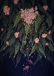 absurdres blue_background commentary_request dark_background falling_petals fangpeii fish flower highres leaf no_humans original petals pink_flower plant vignetting