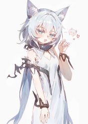1girl :d absurdres animal_ear_fluff animal_ears aqua_eyes arknights bare_shoulders blush chibi chibi_inset chinese_commentary cleavage_cutout clothing_cutout commentary_request cowboy_shot dress grey_background grey_dress grey_hair hair_intakes hand_up highres looking_at_viewer official_alternate_costume open_mouth rosmontis_(arknights) rosmontis_(become_anew)_(arknights) sao7 short_hair simple_background sleeveless sleeveless_dress smile solo standing
