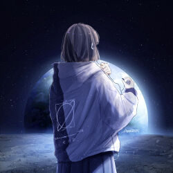1girl amenomori_howa black_hair black_hoodie black_skirt commentary_request cowboy_shot digital_media_player earbuds earphones earth_(planet) from_behind highres holding_earbud hood hood_down hoodie long_sleeves on_moon original outdoors planet print_hoodie scenery short_hair skirt solo space standing star_(sky) starry_sky_print two-tone_hoodie white_hoodie