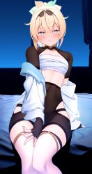 Rule 34 | 1girl, absurdres, ahoge, aqua eyes, black gloves, black hairband, black shorts, black shrug, blonde hair, blush, bow, breasts, chest sarashi, closed mouth, commentary request, covered navel, crossed bangs, curtains, double-parted bangs, fingerless gloves, gloves, hair between eyes, hair bow, hair flaps, hairband, haori, high-waist shorts, highres, hip vent, hololive, indoors, japanese clothes, kazama iroha, kazama iroha (1st costume), linea alba, looking at viewer, mawata0618, night, off shoulder, on bed, ponytail, sarashi, short hair, short sleeves, shorts, shrug (clothing), sitting, skin tight, small breasts, solo, straight-on, tabi, thigh strap, thighhighs, virtual youtuber, white haori, white thighhighs, window