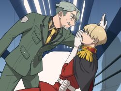 2boys ahoge beard blonde_hair blue_eyes blush challia_bull char_aznable collared_shirt epaulettes facial_hair gloves green_eyes green_hair gundam gundam_gquuuuuux high_collar jacket kabedon long_sleeves lywo_n_candy male_focus military_jacket military_uniform multiple_boys mustache necktie parody red_jacket scene_reference shirouzu_(gundam) shirt short_hair sweatdrop yaoi