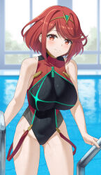 Rule 34 | 1girl, aqua gemstone, bare shoulders, black one-piece swimsuit, blush, breasts, chest jewel, competition swimsuit, core crystal (xenoblade), covered navel, gem, gluteal fold, headpiece, highres, jewelry, large breasts, looking at viewer, mzrz, one-piece swimsuit, open mouth, pool, pool ladder, pyra (pro swimmer) (xenoblade), pyra (xenoblade), red eyes, red hair, red one-piece swimsuit, ribbed swimsuit, short hair, smile, solo, striped clothes, striped one-piece swimsuit, swept bangs, swimsuit, thighs, tiara, two-tone swimsuit, vertical-striped clothes, vertical-striped one-piece swimsuit, xenoblade chronicles (series), xenoblade chronicles 2