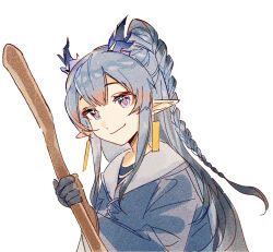 Rule 34 | 1girl, alternate costume, arknights, black hair, blue hair, braid, chinese commentary, closed mouth, commentary request, dragon girl, dragon horns, earrings, gradient hair, holding, holding stick, horns, jewelry, jianbing guozi, ling (arknights), long hair, looking at viewer, multicolored hair, paper texture, pink eyes, pointy ears, simple background, smile, solo, stick, upper body, white background
