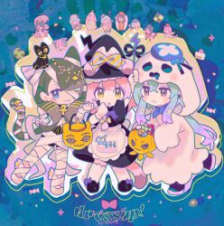 Rule 34 | 1boy, 2girls, alternate costume, animal ears, arknights, black hair, blue eyes, blue hair, cat ears, cat girl, cat tail, closed mouth, commentary, creator connection, ghost costume, goldenglow (arknights), halloween costume, hat, jack-o&#039;-lantern, mizuki (arknights), multiple girls, mummy costume, namie-kun, pepe (arknights), pink eyes, pink hair, symbol-only commentary, tail, witch hat, yellow eyes
