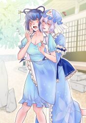 Rule 34 | 2girls, blue dress, blue eyes, blue hat, blue kimono, blush, breasts, cleavage, collarbone, commission, dress, frilled sleeves, frills, hair ornament, hair rings, hair stick, hat, highres, hug, japanese clothes, kaku seiga, kimono, miyamoto (dominocube6), multiple girls, outdoors, pink hair, red eyes, saigyouji yuyuko, short hair, shy, skeb commission, smile, touhou, triangular headpiece, wide sleeves, yuri