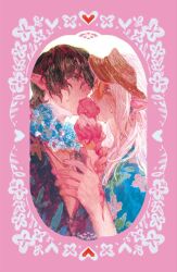 2boys arm_up aymeric_de_borel black_hair black_hat blue_eyes chinese_commentary commentary_request couple elezen elf estinien_varlineau final_fantasy final_fantasy_xiv floral_print flower flower_necklace food hair_between_eyes hangleing hat hawaiian_shirt holding holding_ice_cream_cone ice_cream ice_cream_cone jewelry lei long_hair male_focus multiple_boys necklace pink_background pointy_ears profile shirt summer sweat sweatdrop upper_body visor_cap white_hair yaoi