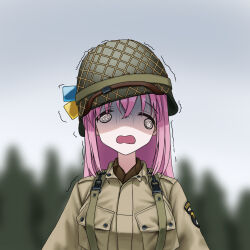 101st_airborne 1girl @_@ bocchi_the_rock! breast_pocket combat_helmet cube_hair_ornament gotoh_hitori hair_ornament helmet highres military military_combat_uniform military_uniform motion_lines paratrooper patch pink_hair pocket shoulder_patch united_states united_states_army world_war_ii