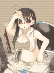 1girl ahoge arima_senne blood bra breasts brown_hair castle_crashers cleavage female_focus glasses hair_ornament hairclip kashiwamochi_yomogi lingerie long_hair original panties pinky_out red_eyes siblings solo towel underwear