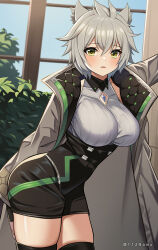 1girl absurdres animal_ears breasts cat_ears cat_girl chest_jewel clothing_cutout core_crystal_(xenoblade) crystal diamond_cutout fingerless_gloves gloves high-waist_shorts highres jacket large_breasts looking_at_viewer messy_hair na&#039;el_(xenoblade) namu_(112namu) open_clothes open_jacket revision romper short_hair short_shorts shorts solo thighhighs thighs xenoblade_chronicles_(series) xenoblade_chronicles_3 xenoblade_chronicles_3:_future_redeemed yellow_eyes