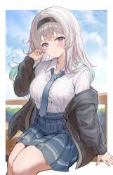 1girl absurdres black_hairband black_jacket blue_necktie blue_skirt blush cloud cloudy_sky collared_shirt devl_ga_aru firefly_(honkai:_star_rail) gradient_eyes gradient_hair grey_hair hair_between_eyes hair_intakes hairband hand_in_own_hair highres honkai:_star_rail honkai_(series) jacket long_hair loose_clothes multicolored_eyes multicolored_hair necktie on_bench open_clothes open_jacket pout shirt skirt sky solo striped_clothes striped_skirt two-tone_eyes white_shirt