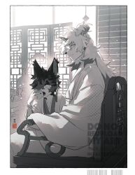 2boys aak_(arknights) arknights chair closed_mouth commentary_request fangs from_side furry furry_male greyscale hair_over_one_eye highres horns hung_(arknights) komainu_boy komainu_ears looking_at_another looking_at_viewer male_focus mochida_(hyxm) monochrome multiple_boys on_chair one_eye_covered open_mouth profile single_horn sitting smile watermark