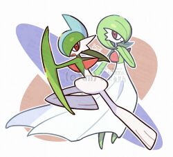 absurdres arm_blade bob_cut colored_skin dress gallade gardevoir gen_3_pokemon gen_4_pokemon green_hair green_skin highres multicolored_skin nintendo oxm666_log pink_eyes pokemon pokemon_(creature) signature smile two-tone_skin watermark weapon white_dress white_skin