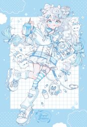 1girl animal_ears baby_bottle bandaid bandaid_on_knee bandaid_on_leg blue_border blue_eyes blue_thighhighs border bottle braid closed_mouth full_body grid_background hair_ornament hairclip highres holding holding_milk_carton horns jacket leg_warmers licking long_hair long_sleeves milk_carton mini_wings miniskirt original pill rabbit ribbon shoes single_thighhigh skirt solo striped_clothes striped_thighhighs tail tail_ornament tail_ribbon thigh_strap thighhighs tongue tongue_out twin_braids uekura_eku white_background white_hair white_jacket white_leg_warmers white_ribbon white_shoes white_skirt white_wings wings