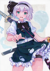 Rule 34 | 1girl, bike shorts, black bow, black bowtie, black hairband, blush, bow, bowtie, collared shirt, commentary request, glint, green eyes, green skirt, green vest, grey hair, hairband, highres, hitodama, hitodama print, holding, holding sword, holding weapon, kittona, konpaku youmu, konpaku youmu (ghost), looking at viewer, multiple swords, open mouth, over shoulder, sheath, shirt, short hair, short sleeves, skirt, skirt set, solo, sweatdrop, sword, sword on back, sword over shoulder, touhou, traditional media, unsheathing, vest, watercolor pencil (medium), weapon, weapon on back, weapon over shoulder, white shirt