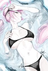 1girl arm_up bikini black_bikini blue_archive breasts eimi_(blue_archive) eimi_(swimsuit)_(blue_archive) goggles goggles_on_head halo highres ice kawatiw large_breasts long_hair looking_at_viewer lying lying_on_water nail_polish pale_skin parted_lips pink_eyes pink_hair pink_nails ponytail side-tie_bikini_bottom solo swimsuit very_long_hair water weat wet wet_hair