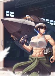 1girl abs absurdres aircraft airplane black_hair blue_eyes blue_hair bottle buttslayer clothes_around_waist collarbone f-35 green_pants green_shirt hangar helmet highres multicolored_hair muscular muscular_female original pants shirt shirt_around_waist short_hair solo streaked_hair sweat tagme tank_top white_tank_top