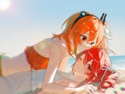 2girls a.i._voice adachi_rei ahoge android armpit_crease bare_shoulders beach bikini blue_sky closed_mouth day dress drill_hair flat_chest frilled_bikini frilled_dress frills girl_on_top hair_ribbon headlamp highres kasane_teto looking_at_another looking_at_viewer lying lying_on_person multiple_girls neck ocean on_back on_stomach one_eye_closed orange_bikini orange_eyes orange_hair outdoors radio_antenna ravukurahuto_2d red_eyes red_hair ribbon sand side_drill side_ponytail sky sun sweat swimsuit utau white_dress white_ribbon yuri