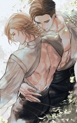 Rule 34 | 2boys, abs, absurdres, arm around waist, back muscles, bare pectorals, black pants, blonde hair, brown hair, closed eyes, closed mouth, clothing cutout, collarbone, commentary, dion lesage, final fantasy, final fantasy xvi, hair behind ear, hashtag-only commentary, highres, long sleeves, male focus, multiple boys, open clothes, open shirt, pants, parted hair, pectorals, shirt, shirt tucked in, short hair, terrence (ff16), twitter username, white shirt, yakikesen, yaoi, yellow eyes