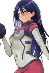 1girl absurdres blush breasts breath commentary_request covered_navel gucchimax gundam gundam_gquuuuuux highres long_hair mecha_pilot_suit medium_breasts nyaan_(gundam_gquuuuuux) parted_lips purple_hair simple_background solo standing sweat white_background yellow_eyes