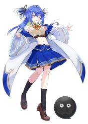 1girl absurdres armpit_crease bare_shoulders belt black_ribbon black_socks block_heels blue_hair blue_skirt blush bow bowtie breasts brown_belt brown_shoes character_request coat colored_inner_hair commentary_request crop_top frilled_sleeves frills full_body green_hair grey_shirt hair_between_eyes hair_intakes hair_ribbon highres hiyoku_no_crosspiece long_hair long_sleeves looking_at_viewer medium_skirt midriff mole mole_under_eye multicolored_hair nanashi_inc. navel off_shoulder open_clothes open_coat orange_bow orange_bowtie parted_lips pleated_skirt purple_eyes ribbed_shirt ribbon sankyo_(821-scoville) shirt shoes simple_background skirt sleeveless sleeveless_shirt small_breasts socks streaked_hair suzumi_nemo suzumi_nemo_(1st_costume) two-tone_hair two_side_up virtual_youtuber white_background white_coat wide_sleeves